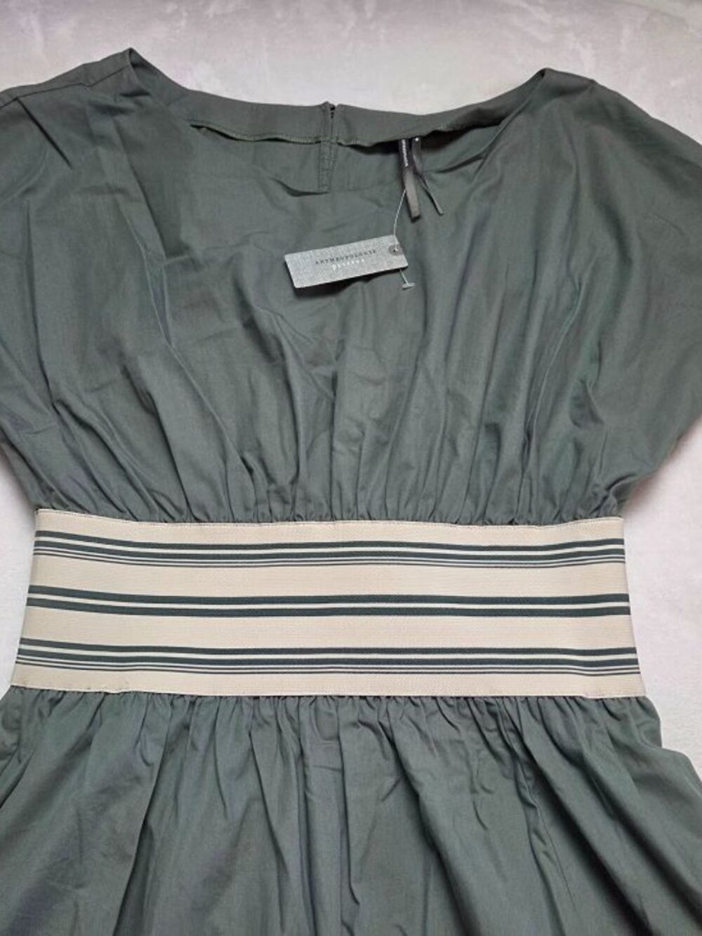 New MP Anthropologie waisted short-sleeve A-line midi dress Duck Green M Petite - Picture 5 of 12